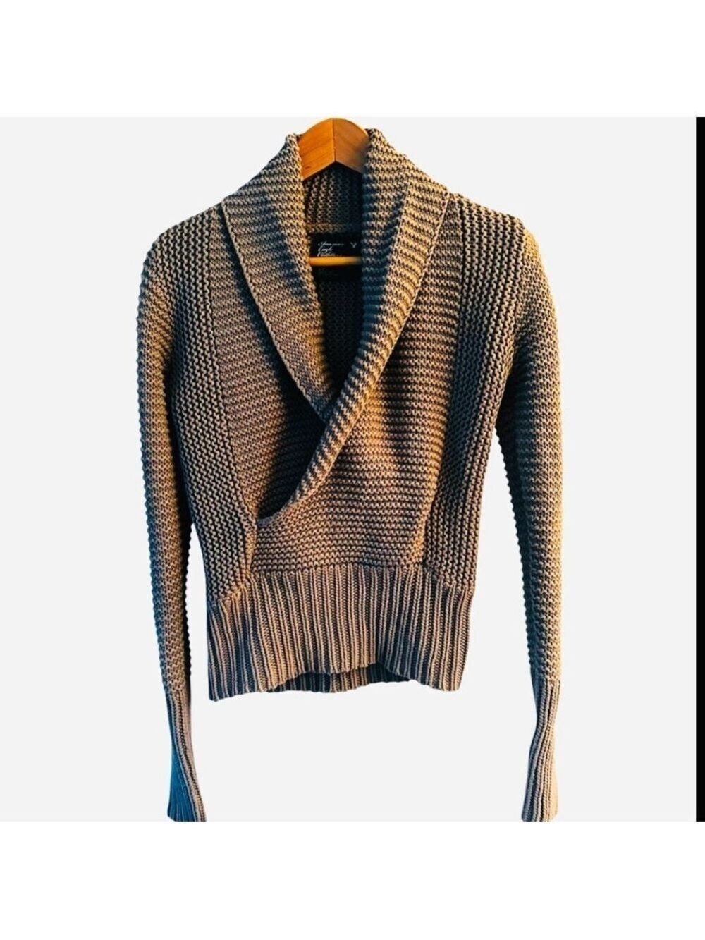 AEO Chunky Knit Gray/Taupe Sweater w/Shawl Collar Cinched banding around waist S
